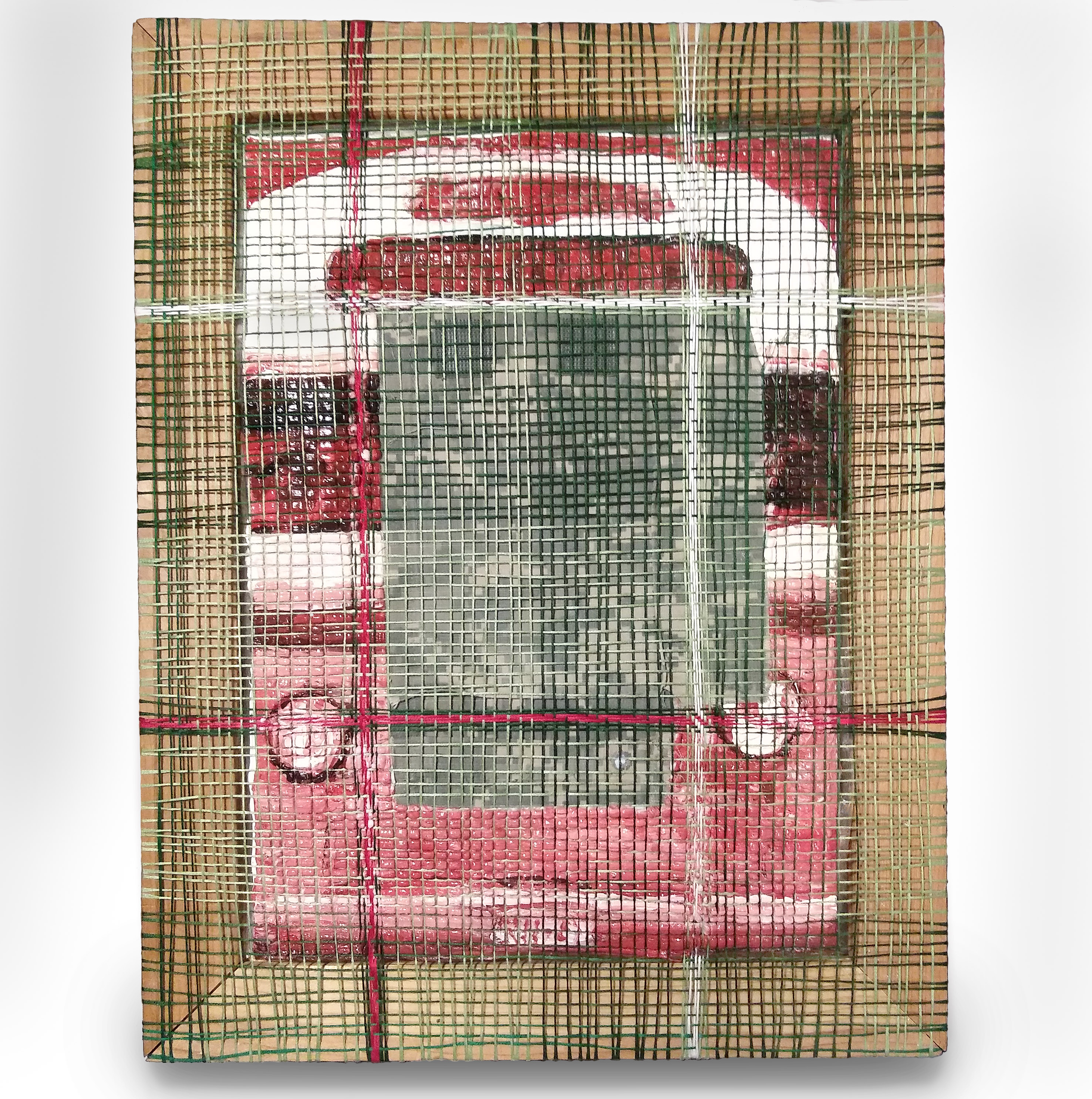Netting (Galloway/Tacoma Transit/Basra Iraq) 18x14in, 2024, acrylic, embroidery thread, piece of camouflage uniform fabric, wood frame